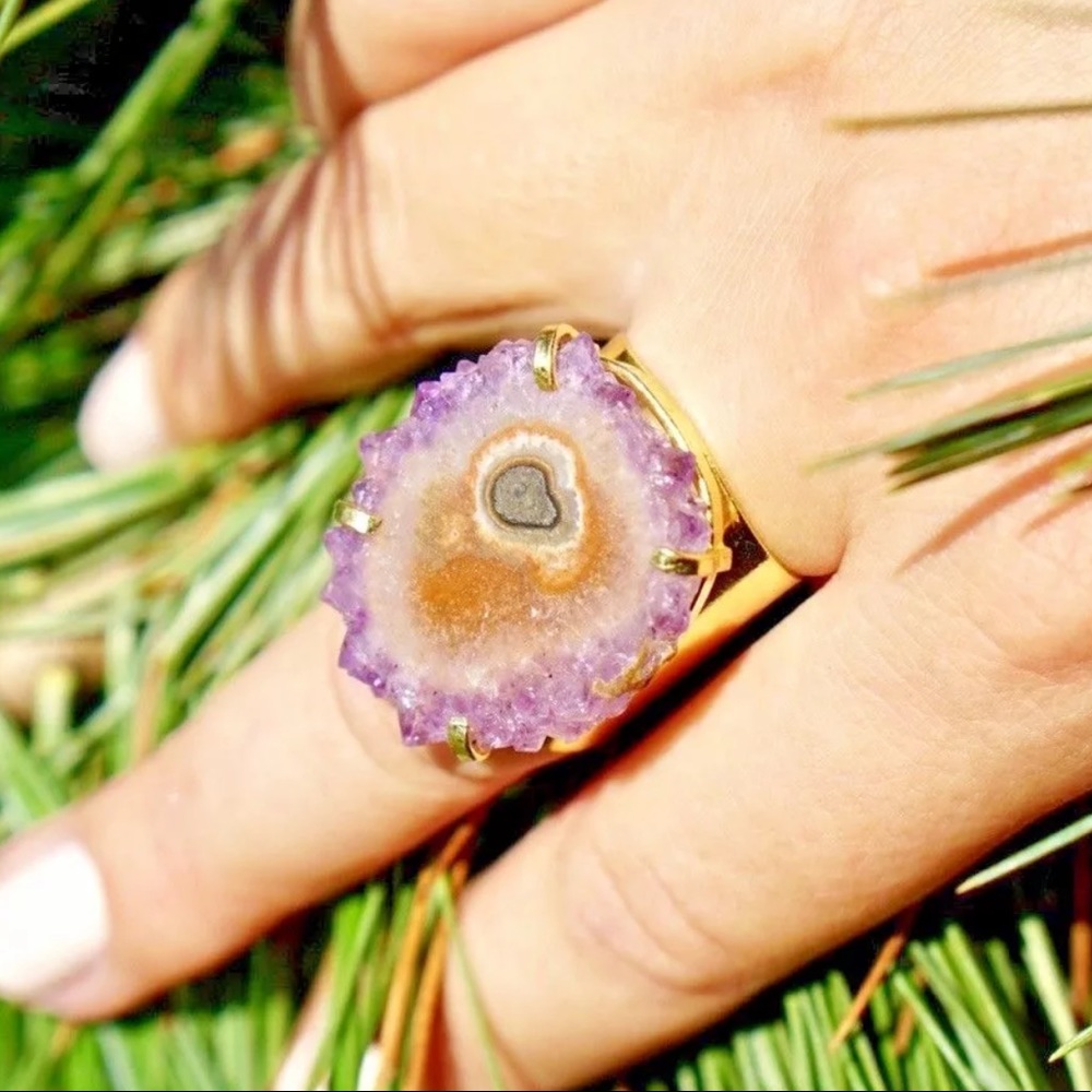 Genuine Amethyst Druzy Ring Natural Plated Gold